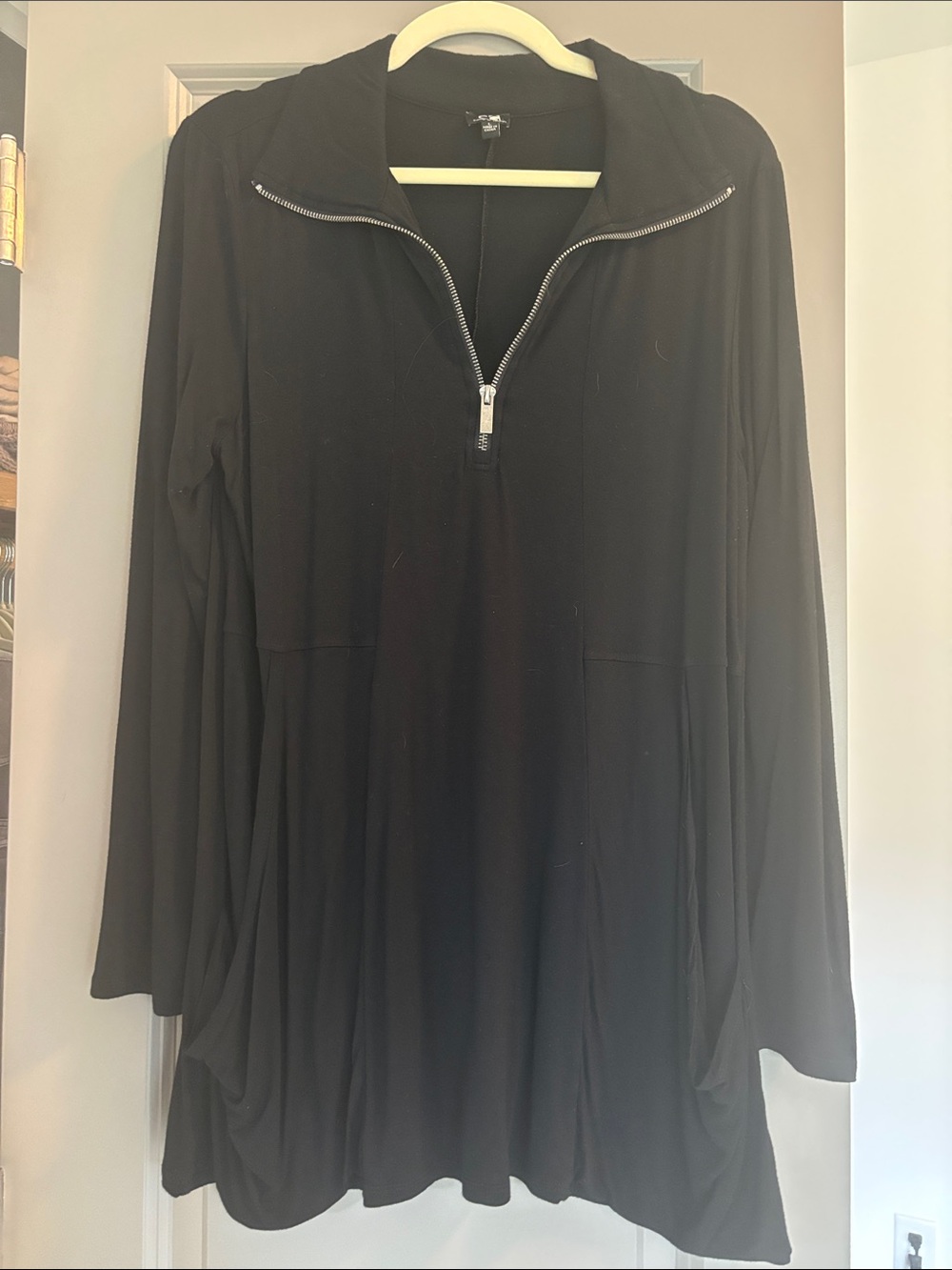 Black Long-Sleeve Half-Zip Tunic Top with drape pockets